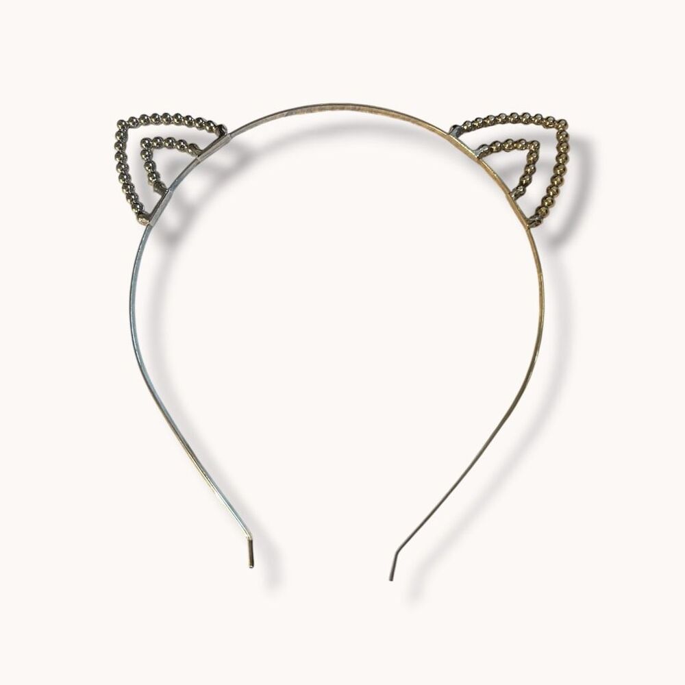 Rhinestone Double Cat Ear Metal Headband Silver Tone One Size